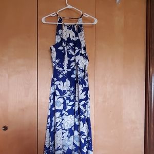 blue floral open back dress